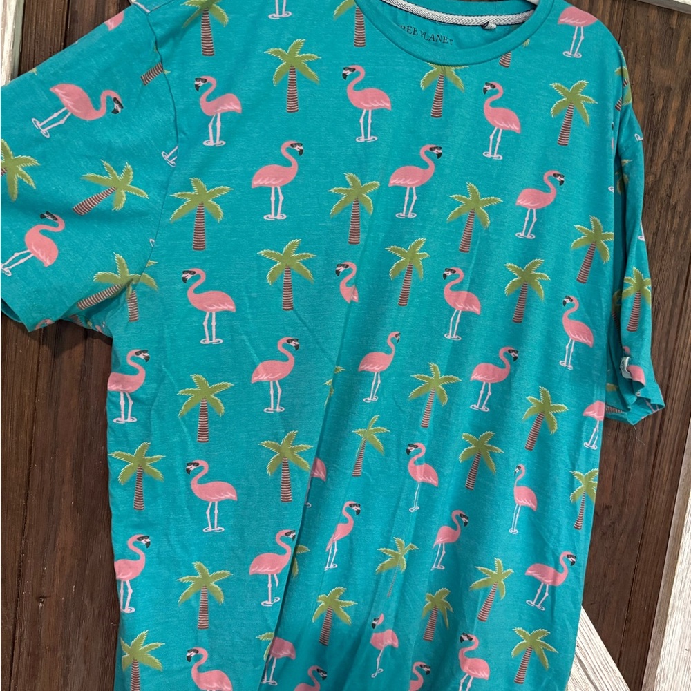 Flamingo and Palm Tree Men’s Tee- Teal and Pink